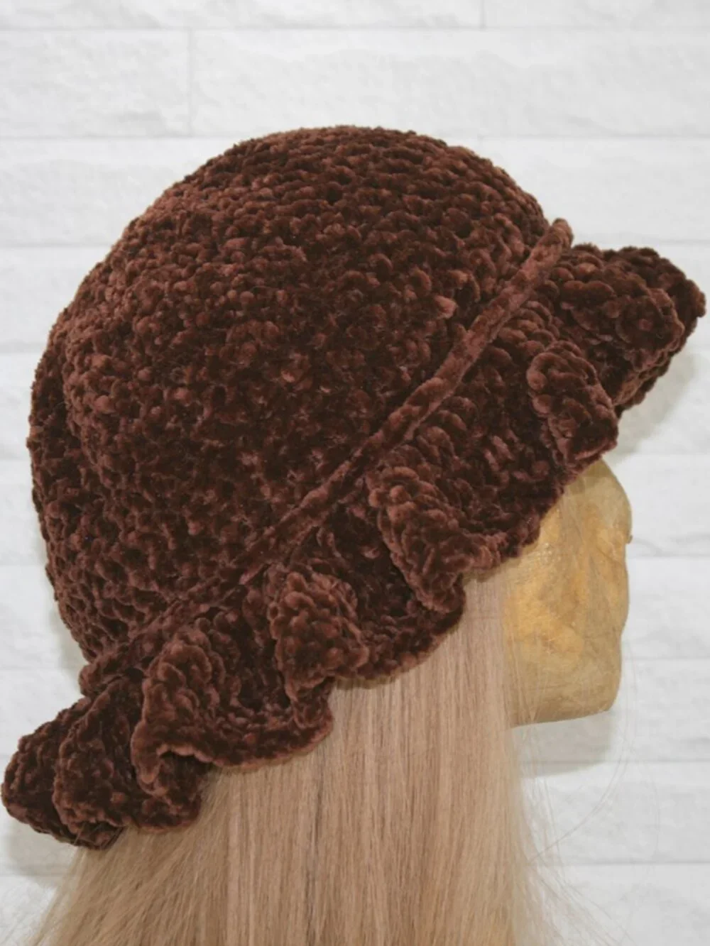 HAND CRAFTED Hat Crochet Bucket Chenille Winter Full Ruffle Brown Wide Brim